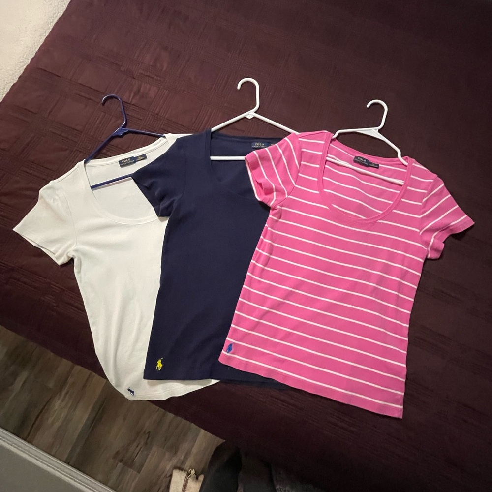 Ralph Lauren Short Sleeve Tees - White, Navy, Pink Striped